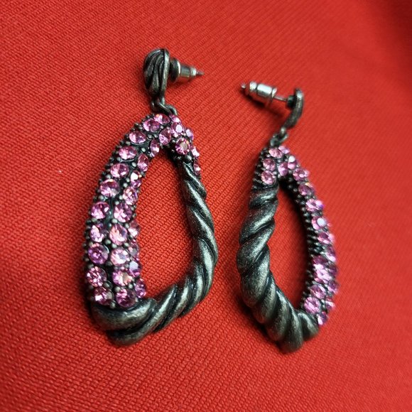Drop Dangle Earring Pewter Silver with Pink Rhinestones - Picture 3 of 12